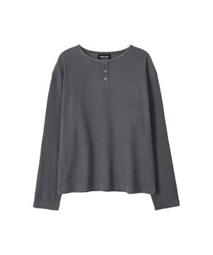 Layered Loose Waffle Henley Neck Long Sleeve Tee - FADE CHARCOAL