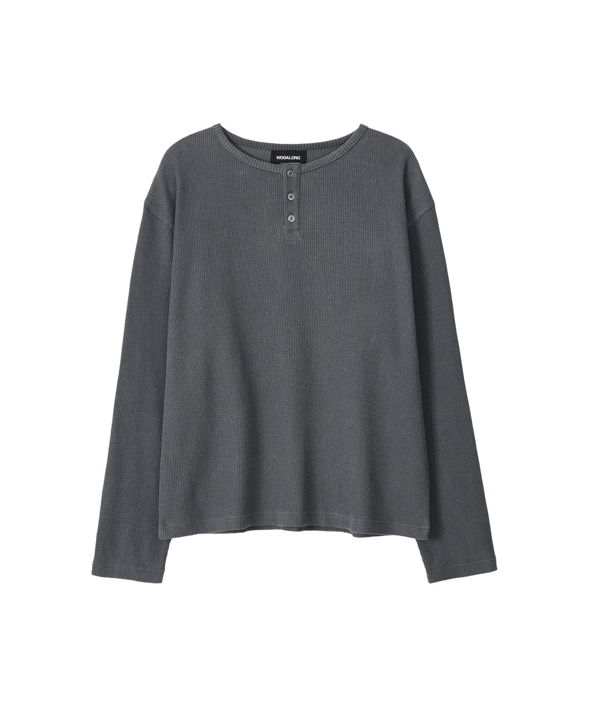 우알롱(WOOALONG) Layered Loose Waffle Henley Neck Long Sleeve Tee - FADE CHARCOAL
