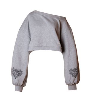 원숄더 크롭 스웻셔츠-그레이