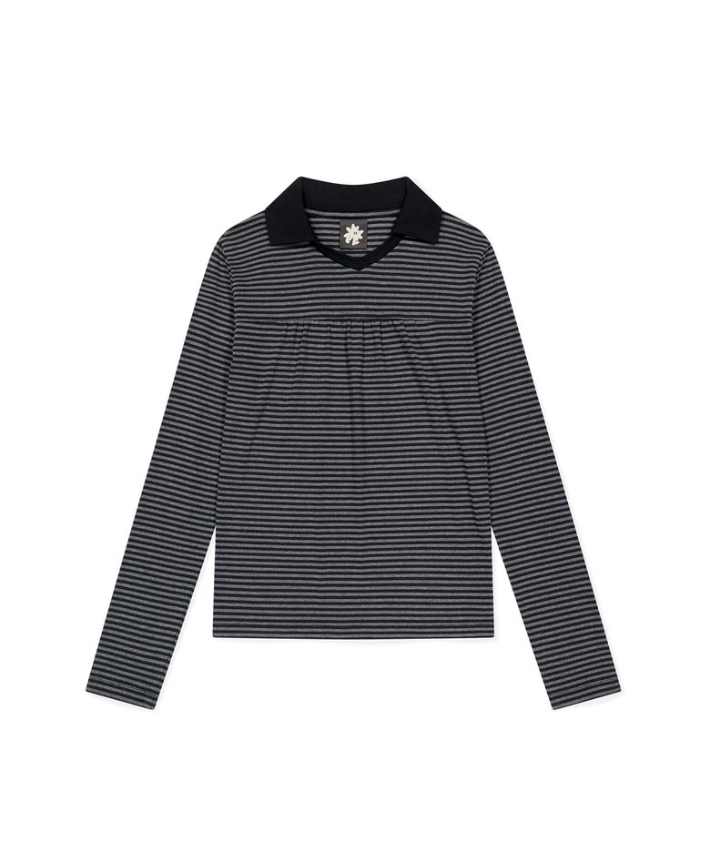 W 72 Stripe LS Polo Black