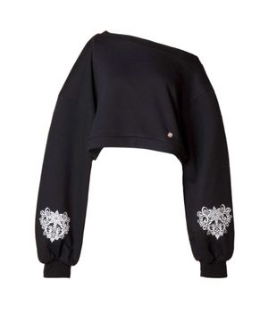 원숄더 크롭 스웻셔츠-블랙