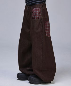 포인트 체크 논페이드 데님 팬츠[브라운]