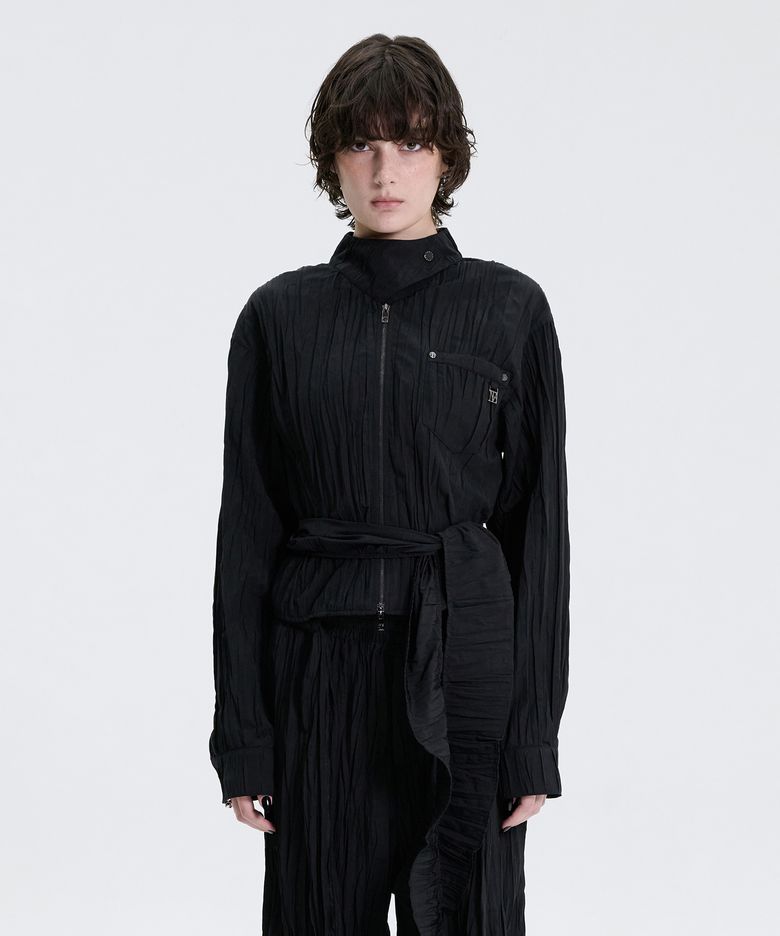 Crinkle Back Tie Set-up Shirt [ Black ]