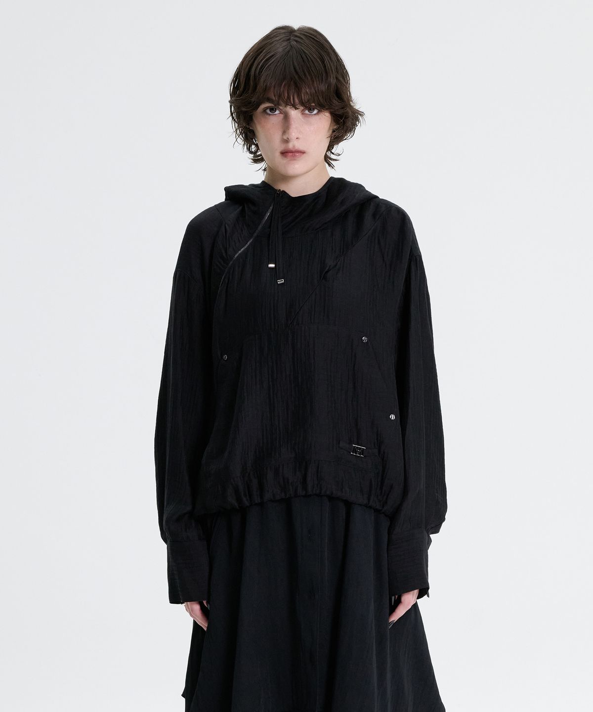 트리밍버드(TREEMINGBIRD) Crinkle Zipper Anorak [ Black ]