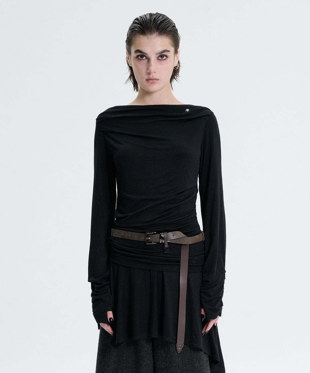 트리밍버드(TREEMINGBIRD) Draped Jersey Long Sleeve [ Black ]