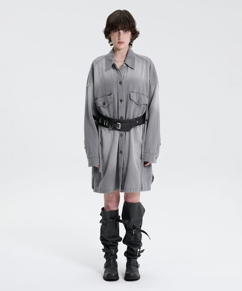 Washed Denim Strap One-piece [ Gray ]
