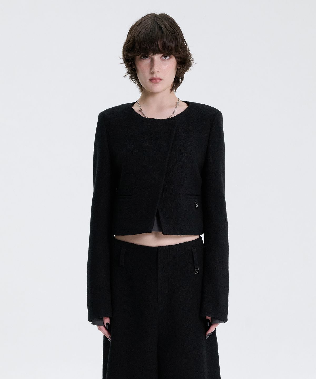 트리밍버드(TREEMINGBIRD) Crop Tweed Set-up Jacket [ Black ]