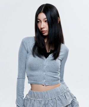 (DUC) V-Neck Crop Cardigan Gray