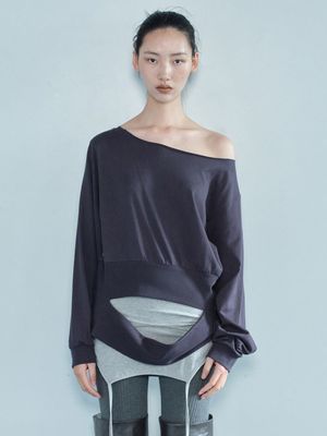 ONE SHOULDER CUT-OFF TOP / NAVY