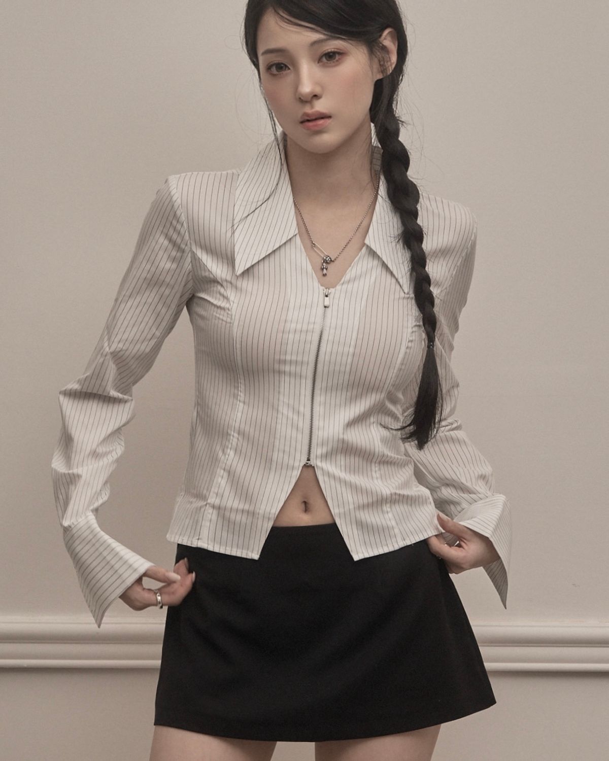 카키포인트(KHAKIPOINT) Stripe Zip-up Shirts (white)