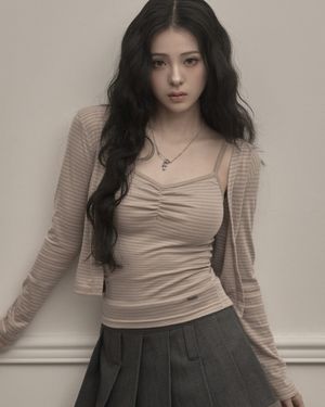 Stripe Cardigan & Sleeveless Set (beige)