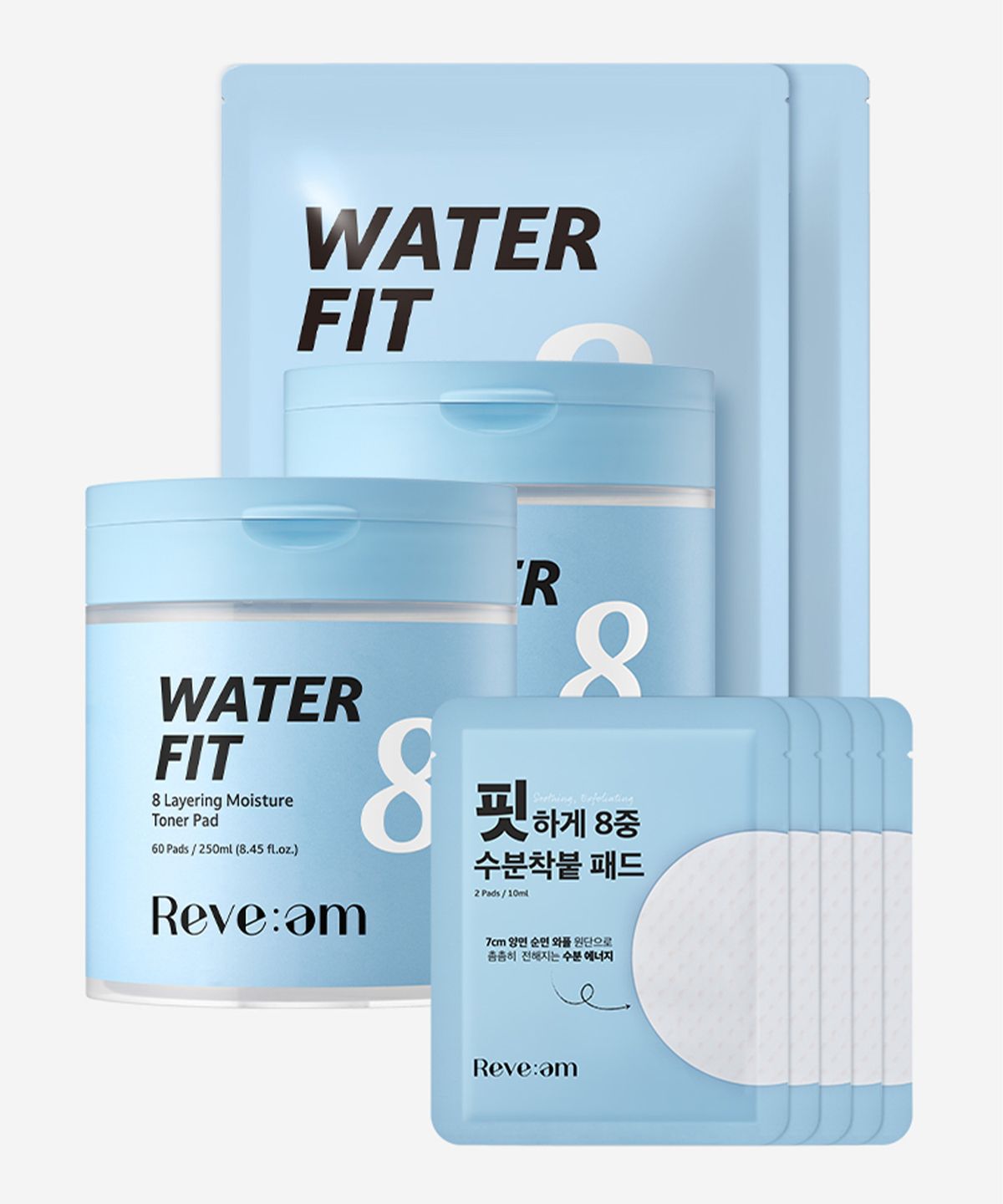 리브엠(REVE:AM) 워터핏 8중 수분착붙 패드 190매 기획세트[여행용샘플키트+패드케이스]