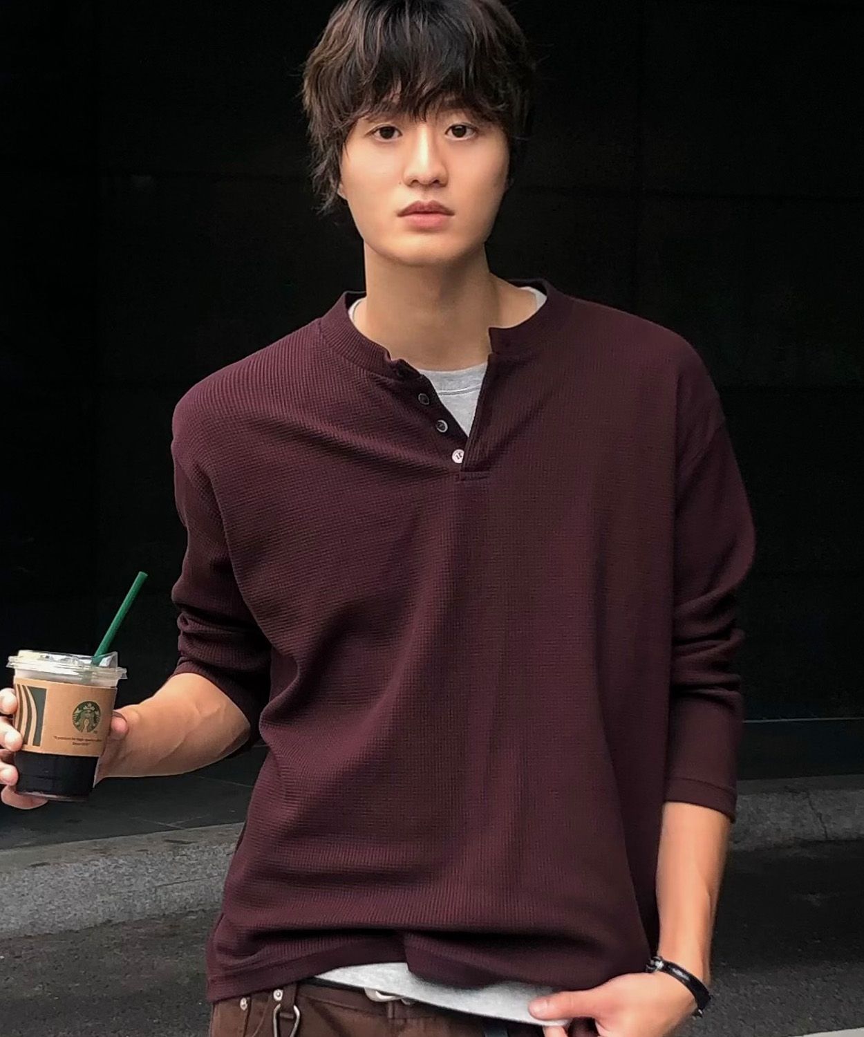 MUSINSA公式 | LEIRE ワッフルヘンリーネックロングスリーブTシャツ