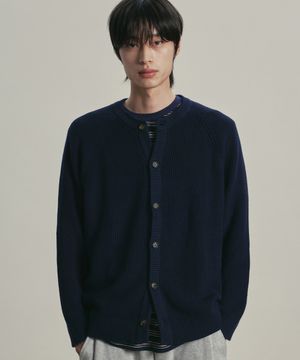 [니티드X패션플래닛] 코튼 와플 라운드 가디건 NAVY