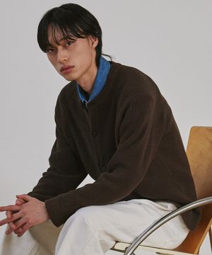 [니티드X패션플래닛] 코튼 와플 라운드 가디건 BROWN