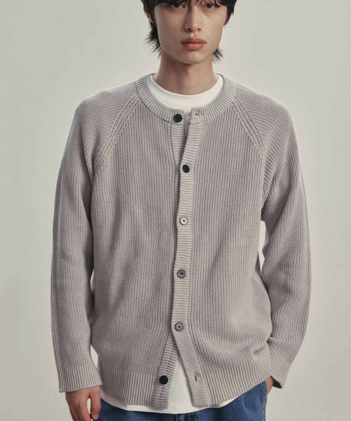 니티드(KNITTED) 코튼 와플 라운드 가디건 GREY