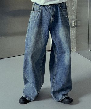 루프 사이드 핀턱 워싱 와이드 데님팬츠 중청