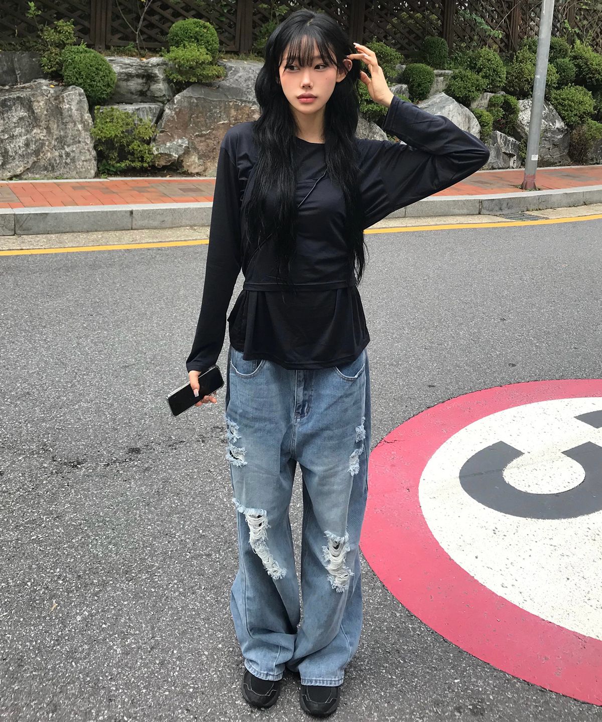칙스(CHICKS) 페이드 데미지 와이드 데님 팬츠 중청