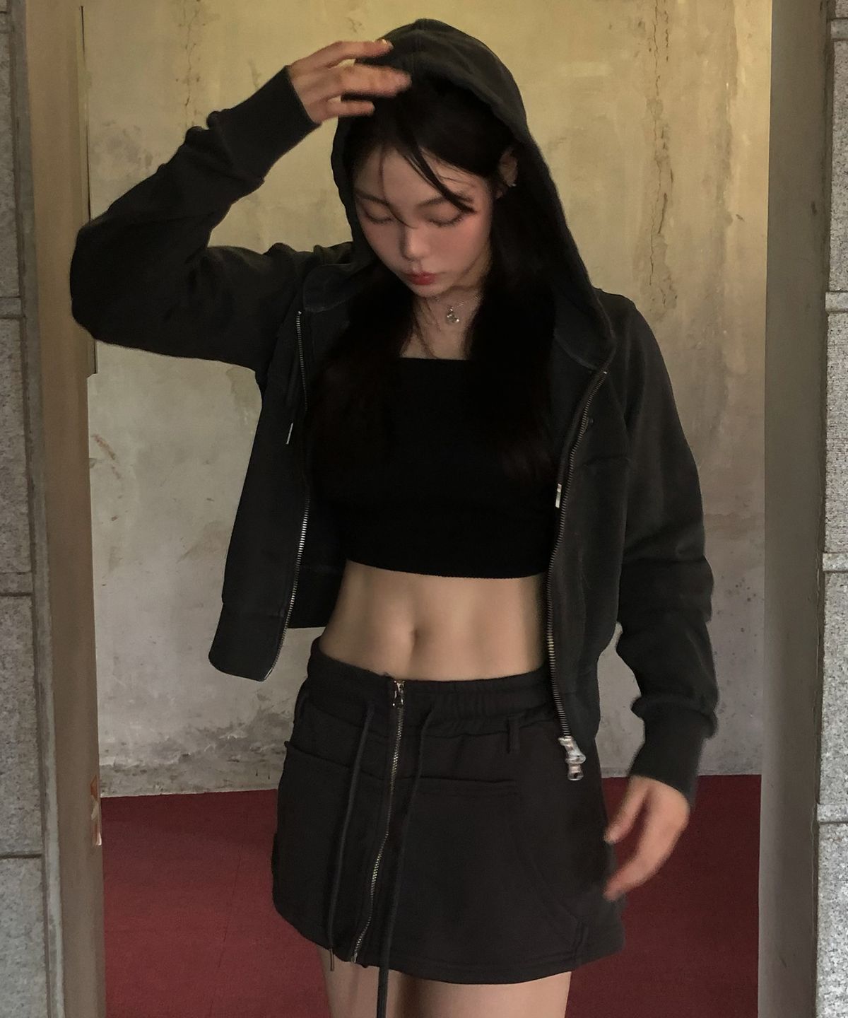 칙스(CHICKS) 레이어드 집업 스커트 차콜