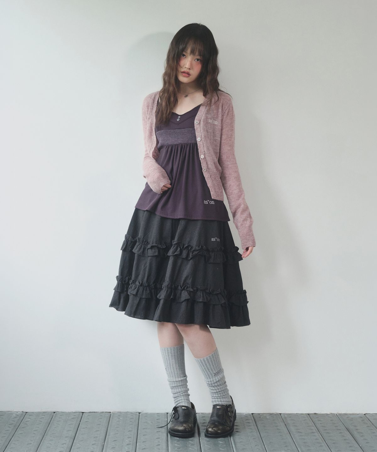 애즈온(ASON) CHECK KANGKANG MIDI SKIRT / BLACK