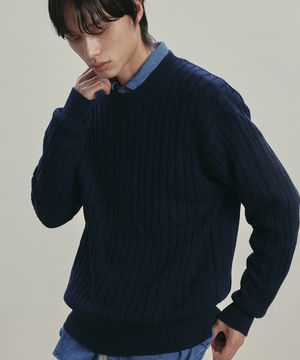 [니티드X패션플래닛]케이블 라운드 니트 NAVY