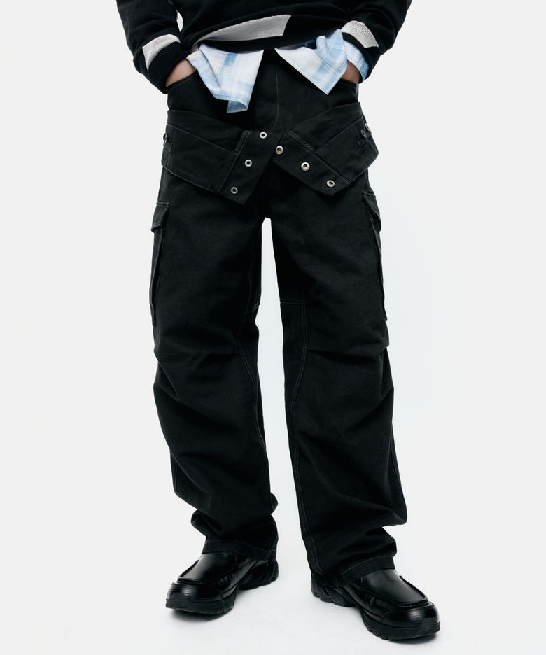 UNISEX DOUBLE WAIST WORK WIDE-LEG JEANS apa834u(BLACK)
