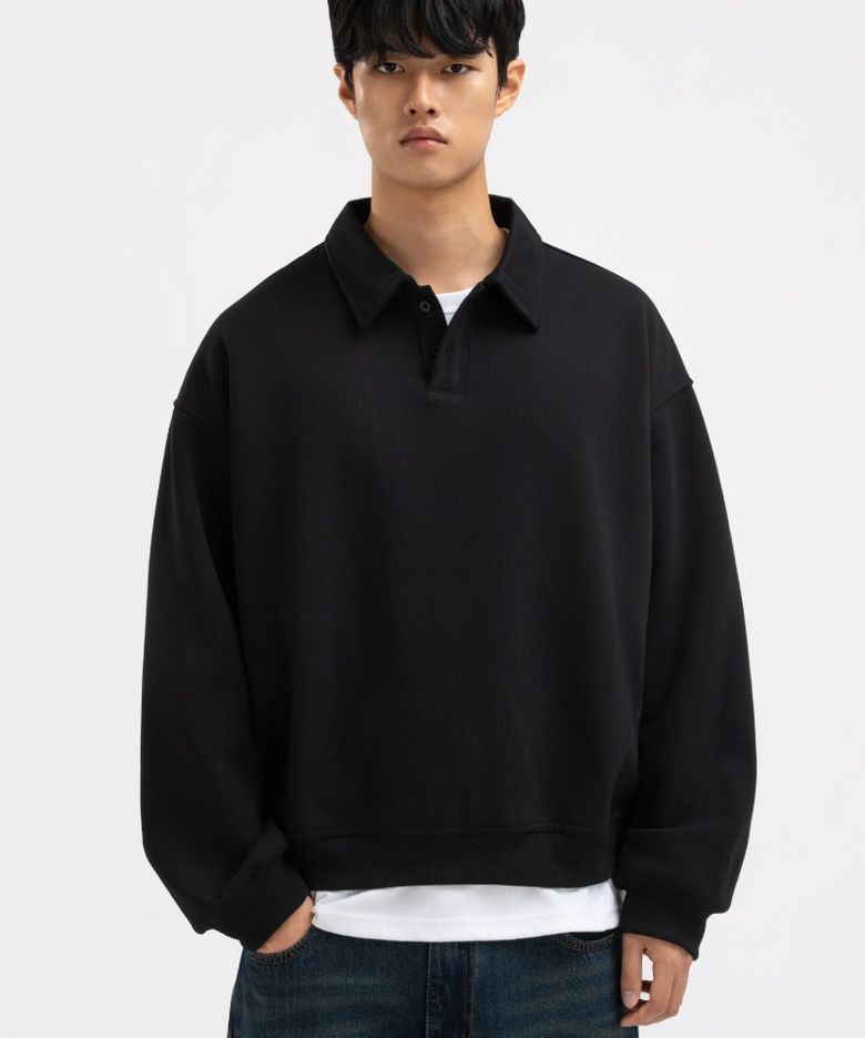 데일리 버튼 카라 맨투맨 블랙