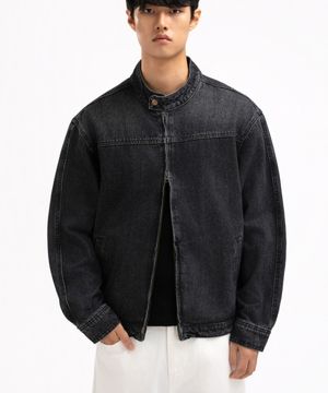 워싱 크롭 데님 바이커 자켓 블랙