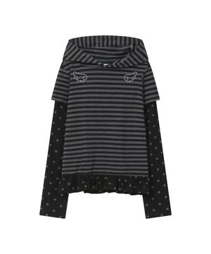 엔젤 슬림핏 레이어드 후드 티셔츠 [스트라이프 블랙]