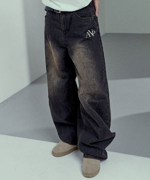 어반 빈티지 워싱 와이드 데님 팬츠 흑청
