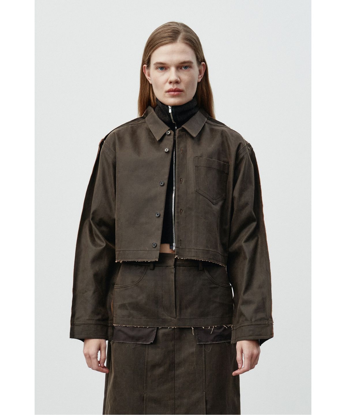 래코드(RECODE) Faux Leather Crop Shirt Jacket RQJAA25502BRX