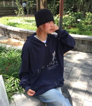 THE GIRL GANG WAFFLE HOODIE ZIPUP_NAVY(NG2FFUM482A)