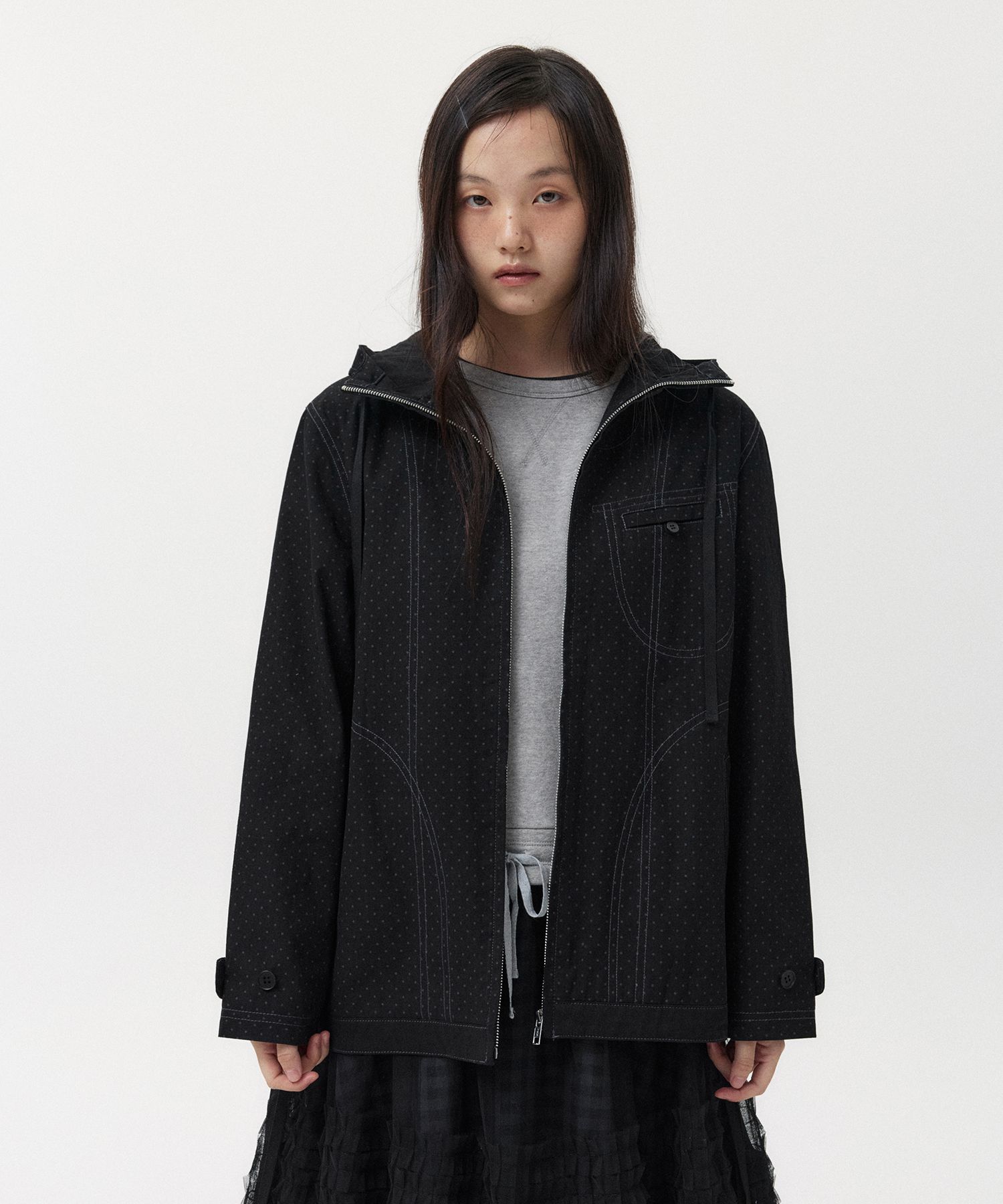 MUSINSA公式 | OHESHIO STITCH DOT HOODED ZIP-UP, BLACK