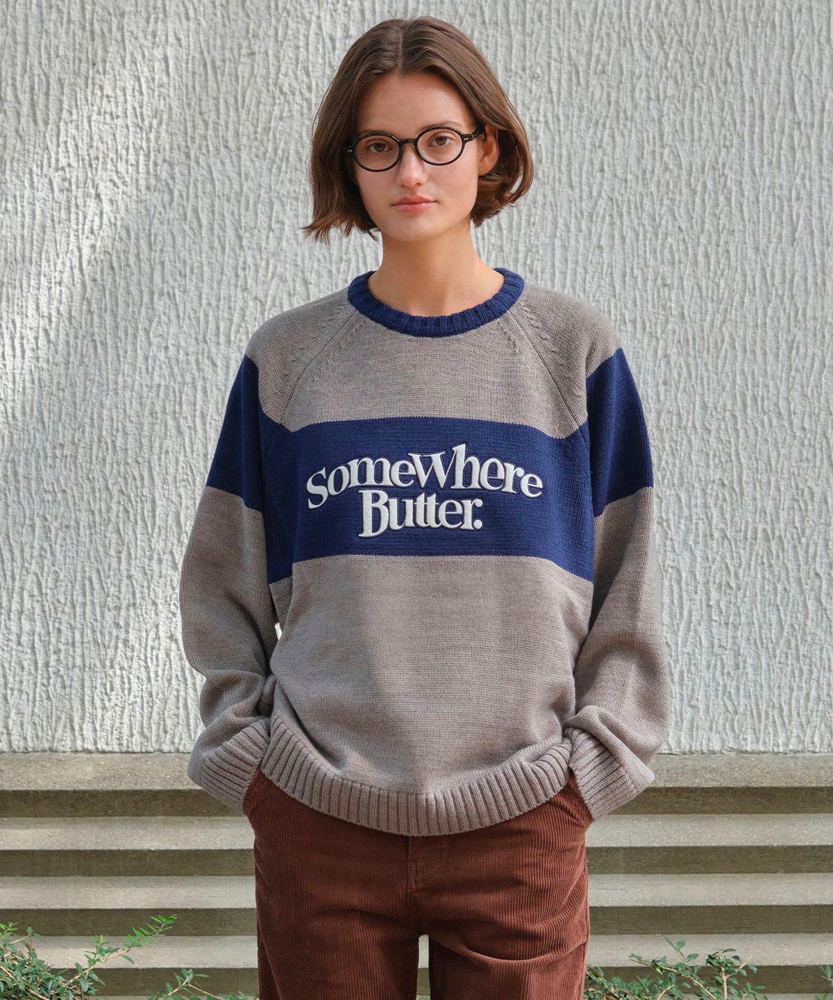 썸웨어버터(SOMEWHEREBUTTER) Casual Wave Logo Knit - Grey