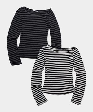 스트라이프 사이드 언발 원오프숄더 단가라 티셔츠 _2COLOR