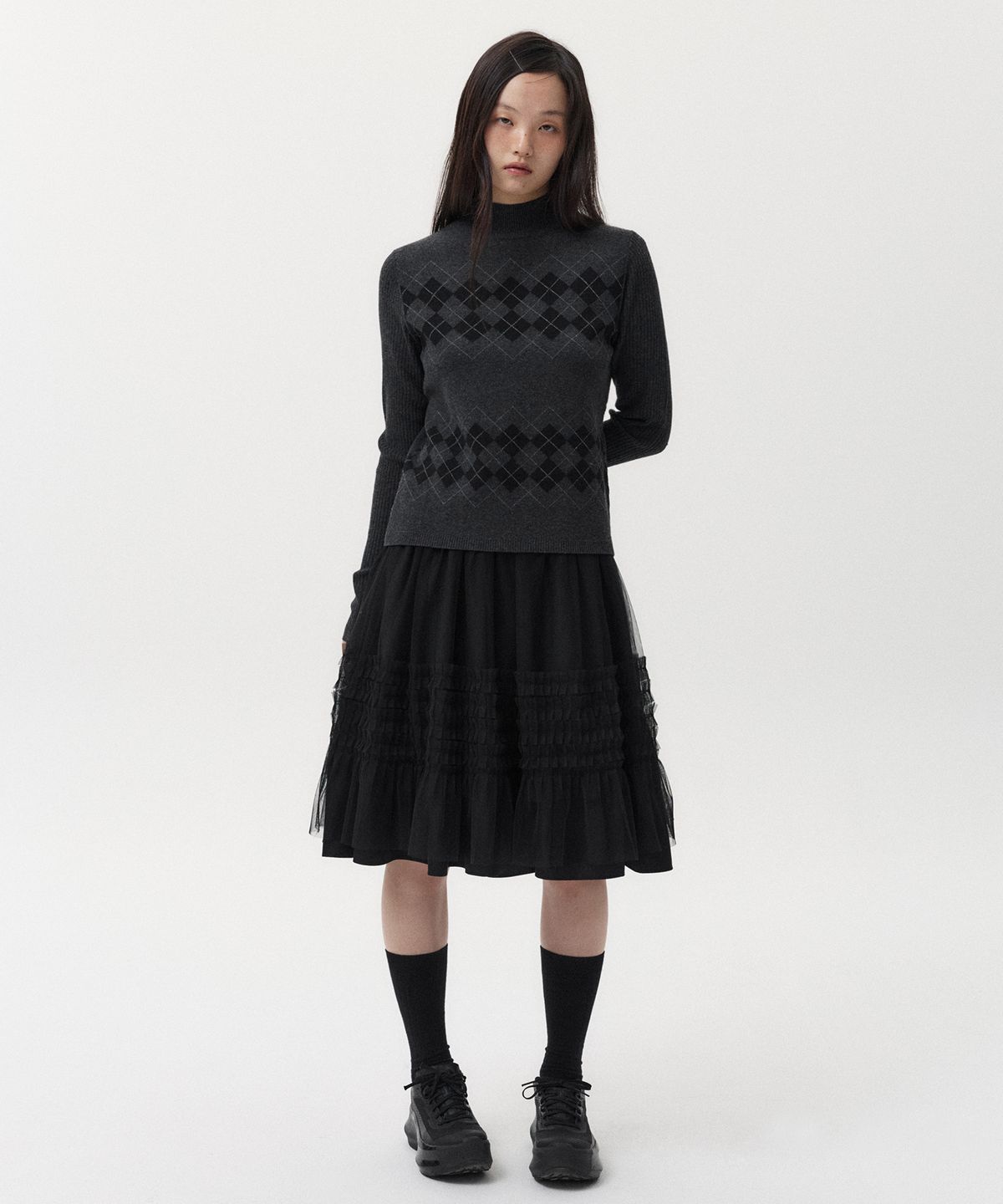 오헤시오(OHESHIO) LAYERED SHEER FRILL SKIRT, BLACK