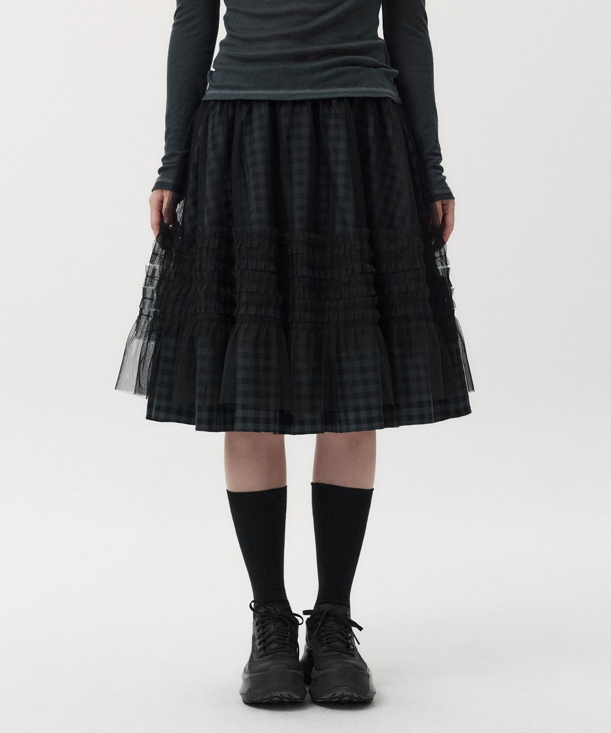 오헤시오(OHESHIO) LAYERED SHEER FRILL SKIRT, KHAKI CHECK