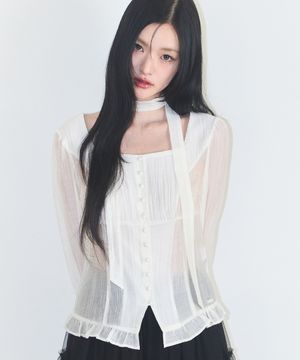 리본 타이 스퀘어넥 롱블라우스 크림