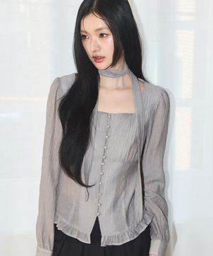 리본 타이 스퀘어넥 롱블라우스 그레이