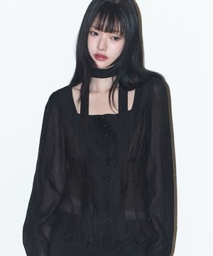 리본 타이 스퀘어넥 롱블라우스 블랙