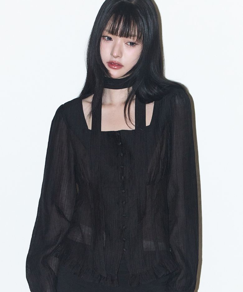 리본 타이 스퀘어넥 롱블라우스 블랙