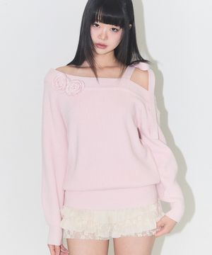 블룸 보우 오프숄더 니트 핑크