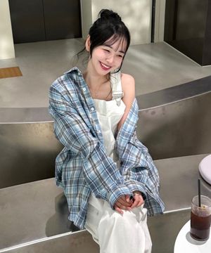 노마드 오버핏 체크 셔츠 블루