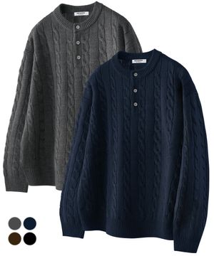 오버핏 케이블 헨리넥 라운드 니트 4Color