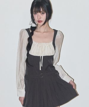 프레피 리본 플리츠 원피스 차콜