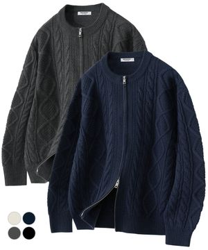 오버핏 2WAY 아란 케이블 라운드 집업 니트 가디건 5Color