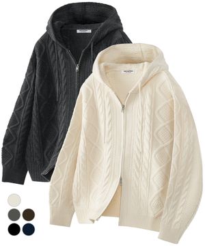 오버핏 2WAY 아란 케이블 니트 후드집업 5Color