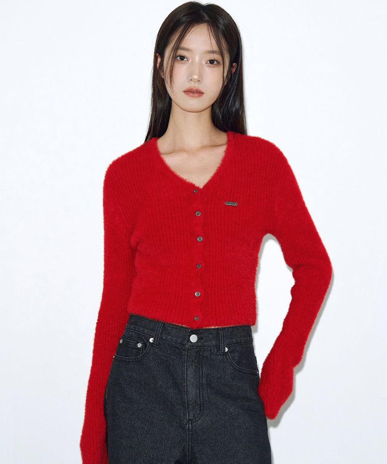 헤어리 롱 슬리브 니트 가디건 [레드]