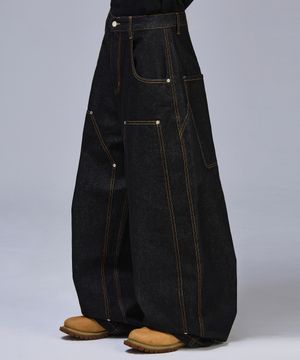 더블니 배기 카펜터 생지 데님[블랙]