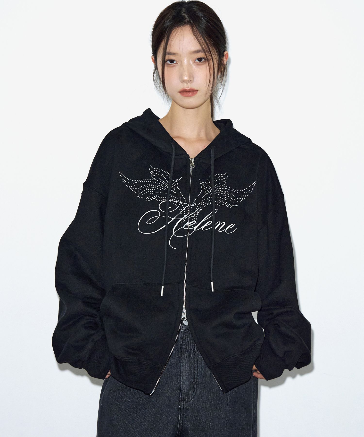 MUSINSA | HELENE PARIS Angel Lettering Zip-Up Hoodie [Black]